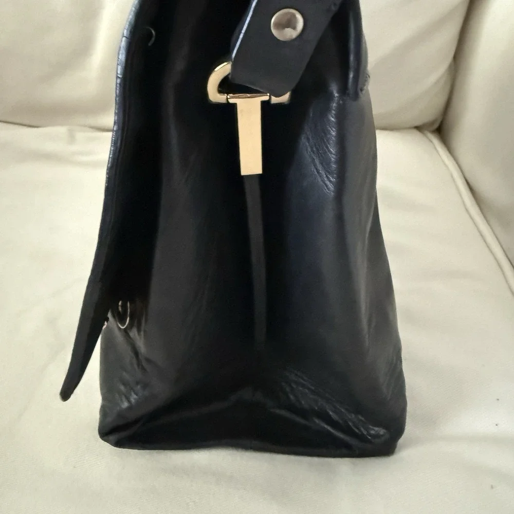 Zara Large Leather Rock Style Flap Shoulder Crossbody Bag Black Gold‎ Perfect